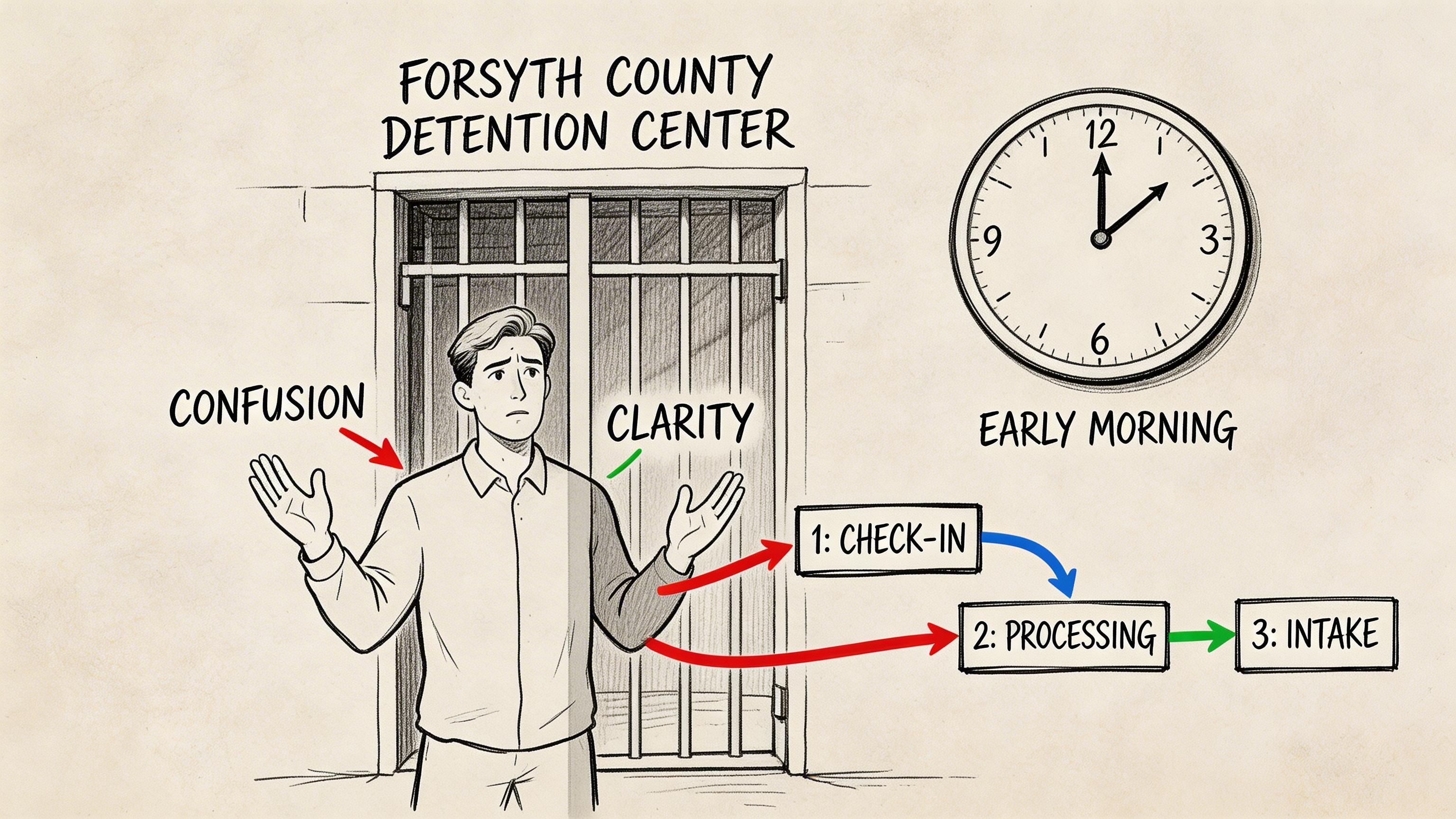 A diagram illustrating the early morning intake and processing steps at the Forsyth County Detention Center.