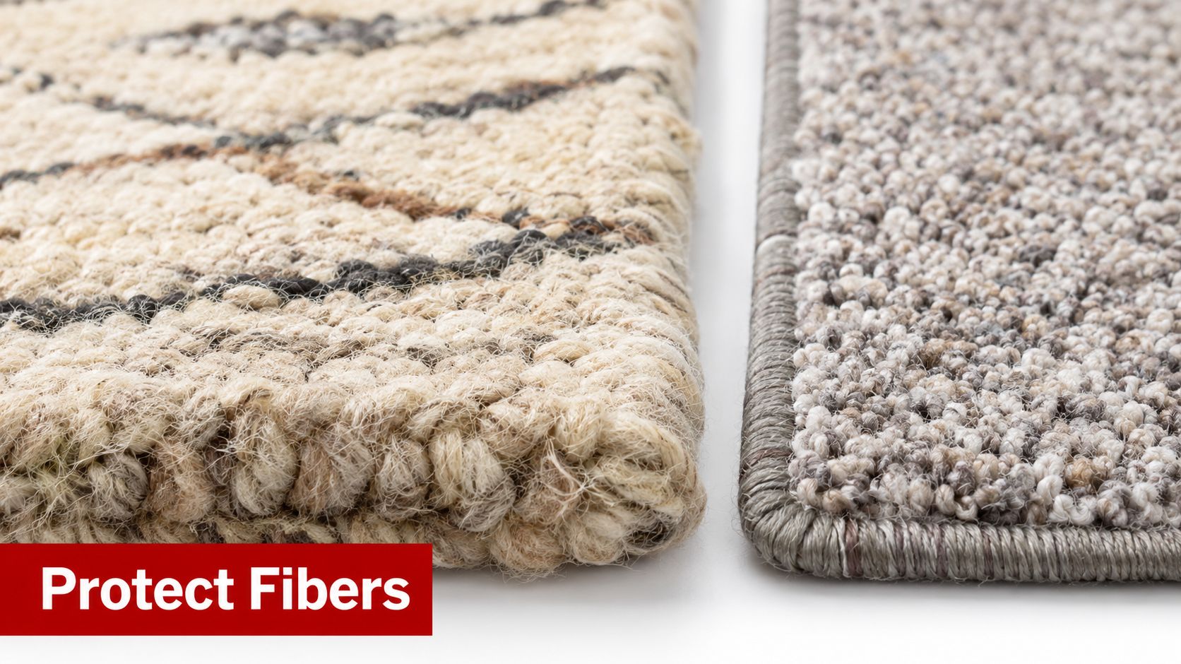 Close-up side-by-side view comparing two different carpet and rug textures with focus on fabric protection.