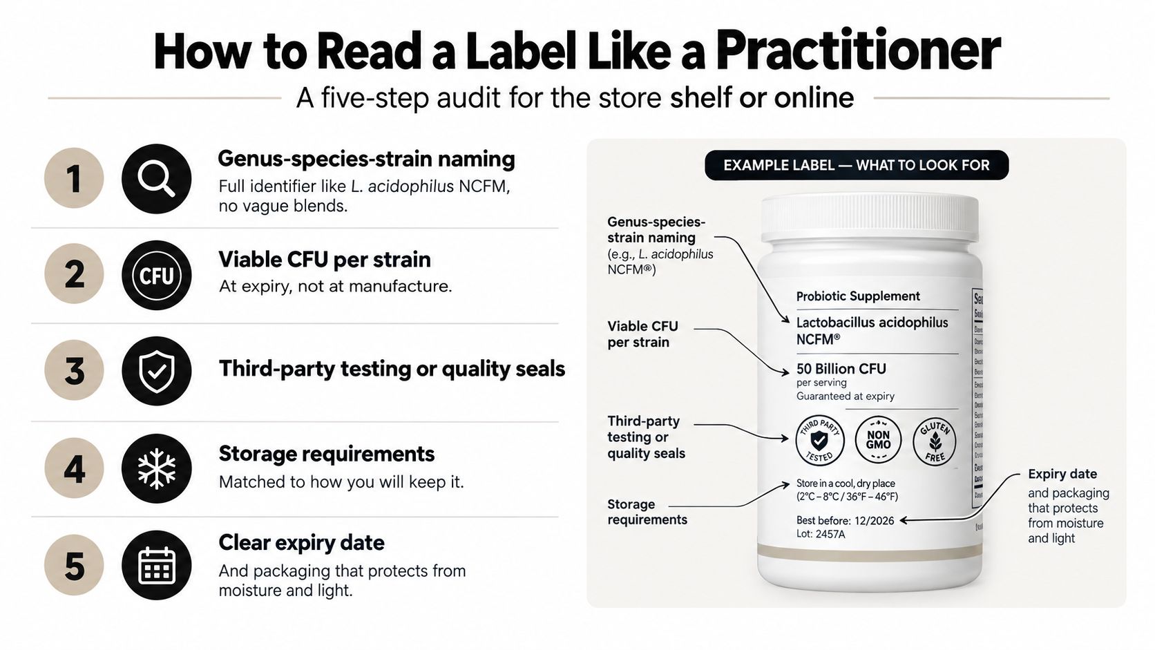 An infographic titled How to Read a Label Like a Practitioner, showing five steps for evaluating probiotic supplement labels.