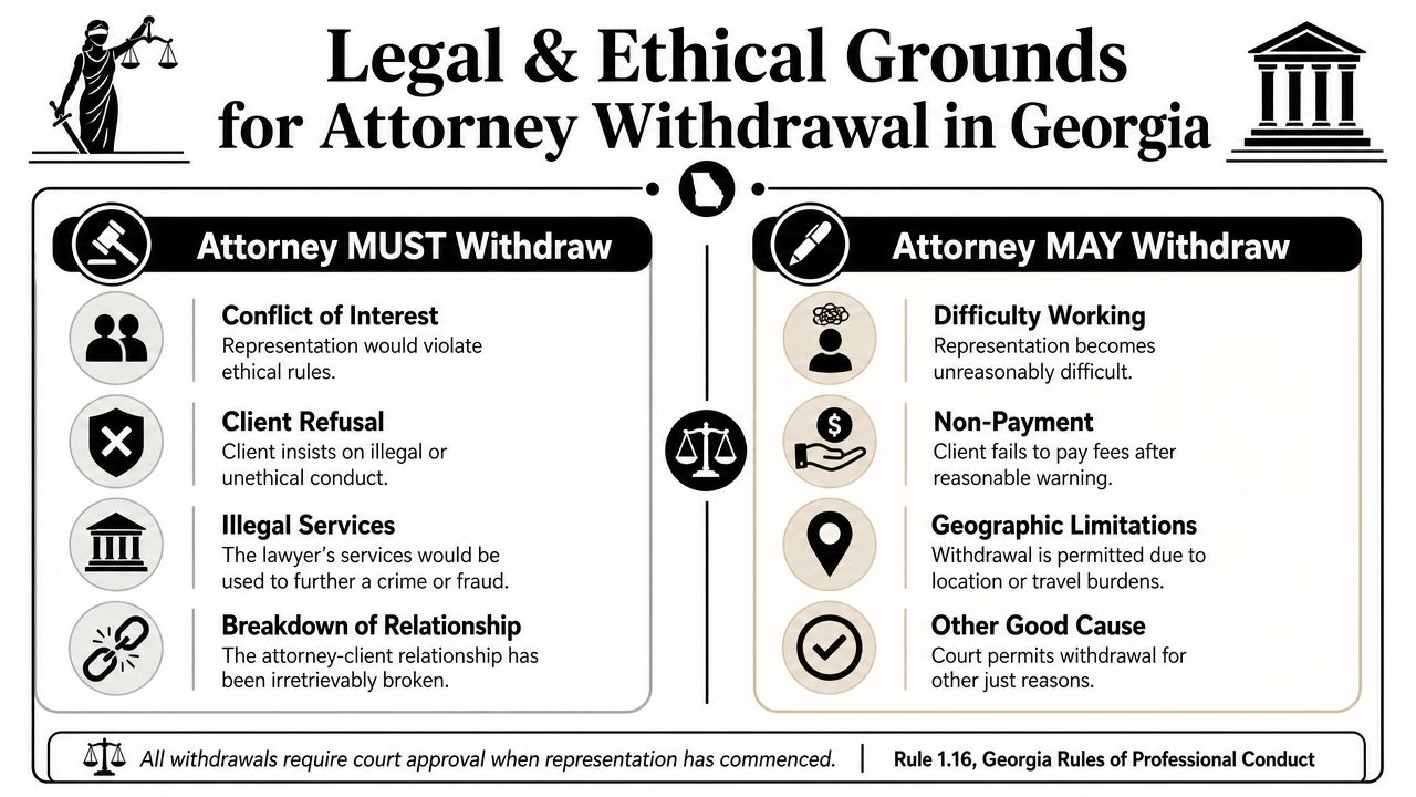 An infographic titled Legal and Ethical Grounds for Attorney Withdrawal in Georgia explaining mandatory and voluntary withdrawal.