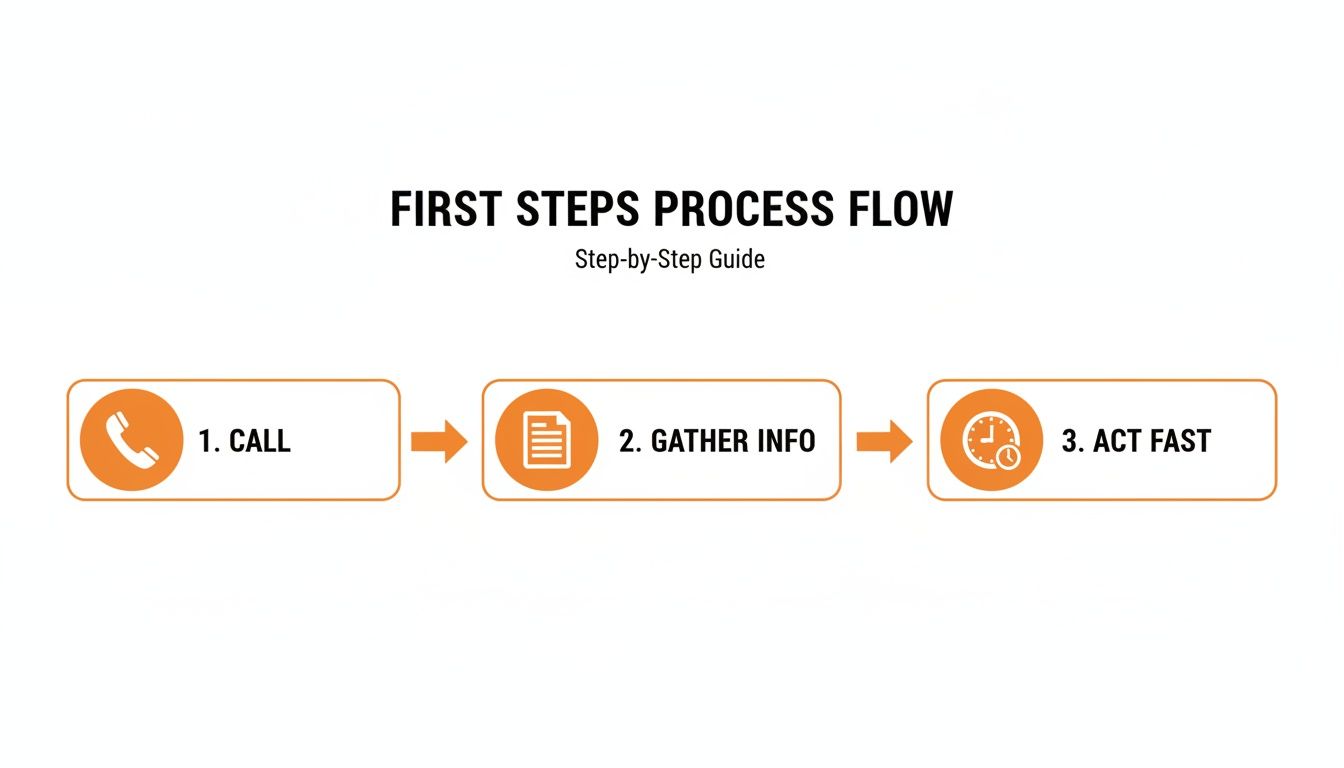 A step-by-step process flow diagram outlining the first steps: call, gather info, and act fast.