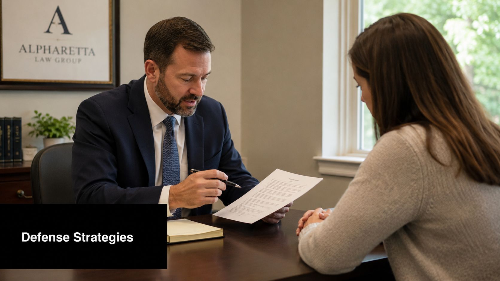 A professional attorney discussing legal documents with a client at his office desk.