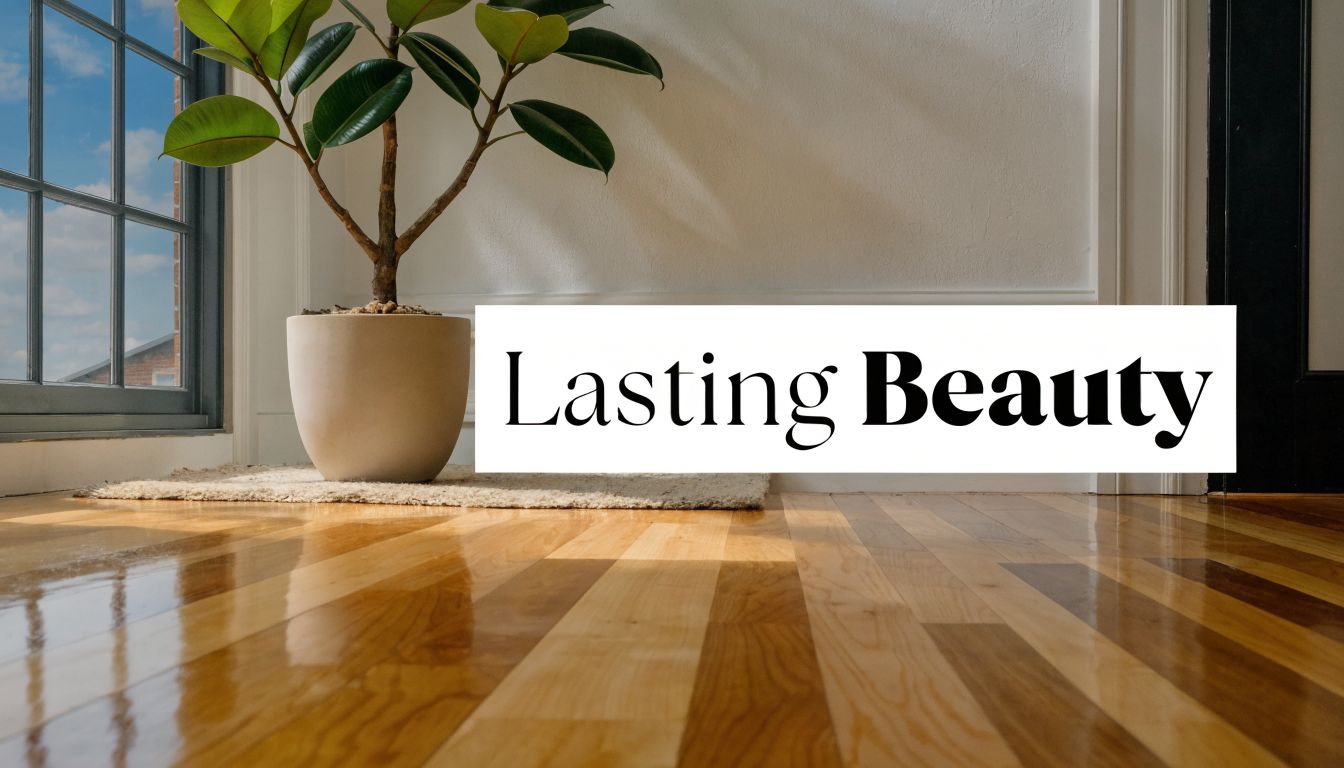 A minimalist room featuring shiny medium wood floors, a potted plant, and a white wall background.