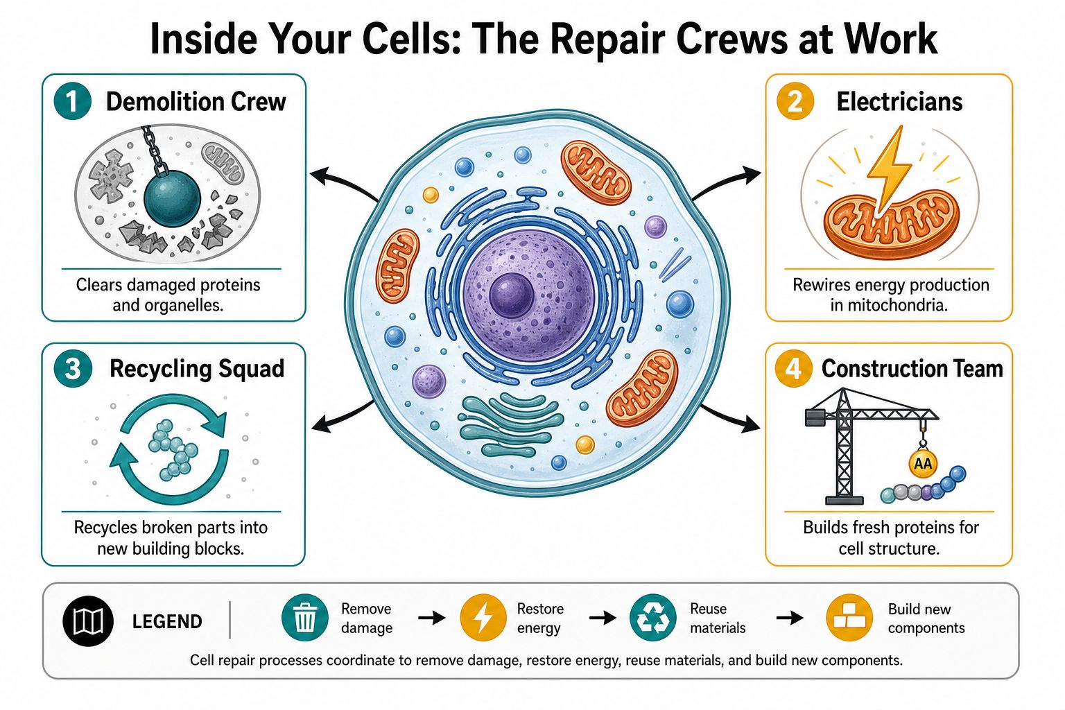 A diagram illustrating four types of cellular repair crews: demolition, electrical, recycling, and construction.