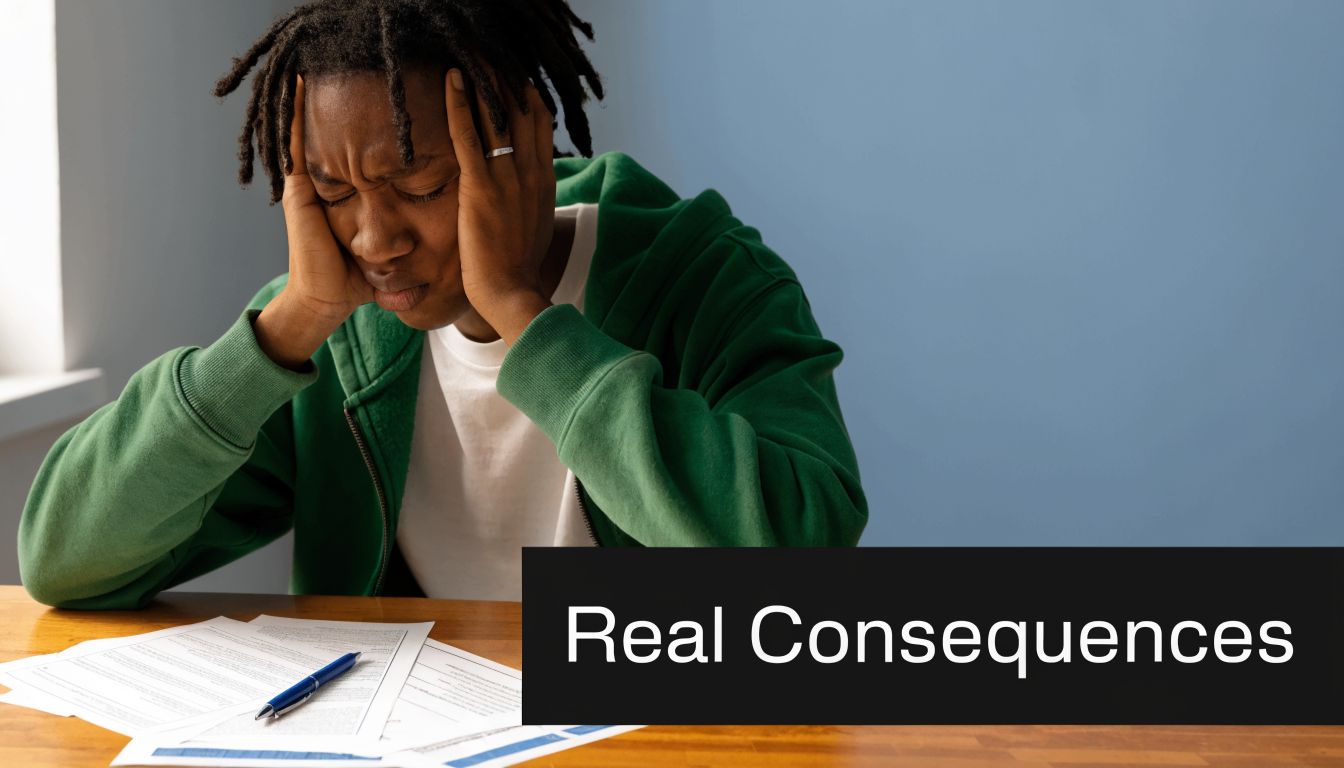A distressed young man sitting at a desk with paperwork, symbolizing the stress of legal issues.