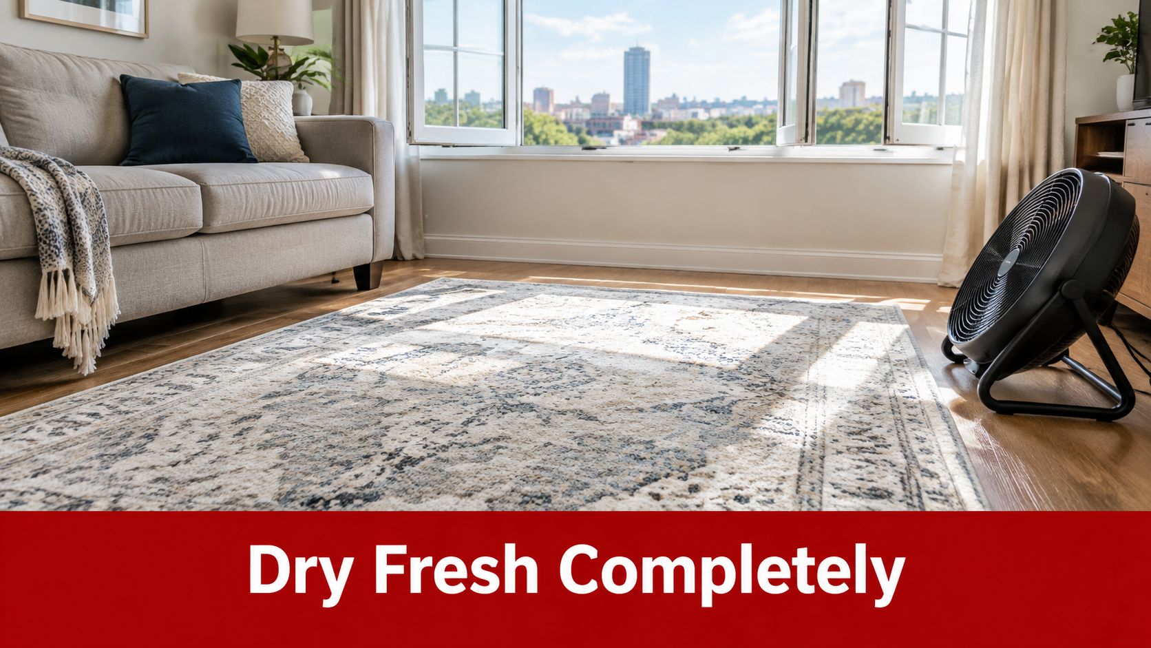 A portable floor fan placed in a bright living room to dry a cleaned carpet rug.