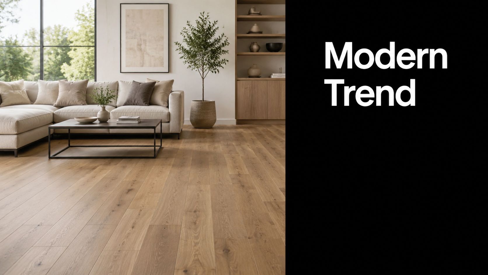 A modern living room with light wood flooring and cozy minimalist furniture under natural lighting.