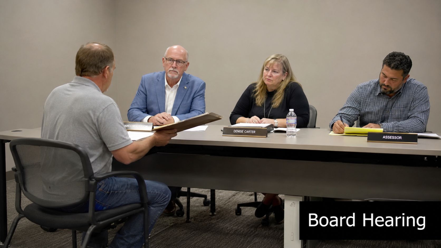 A man presents documents to a panel during a formal property tax appeal board hearing meeting.