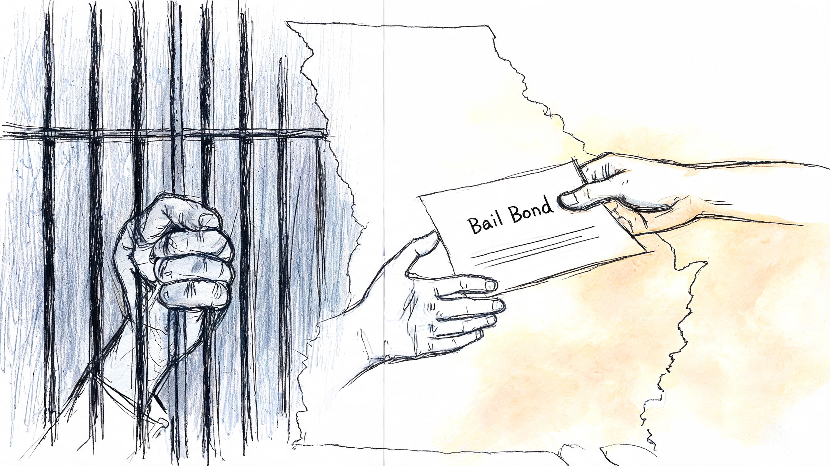 A hand passing a bail bond document against a map of Missouri with a jail cell background.