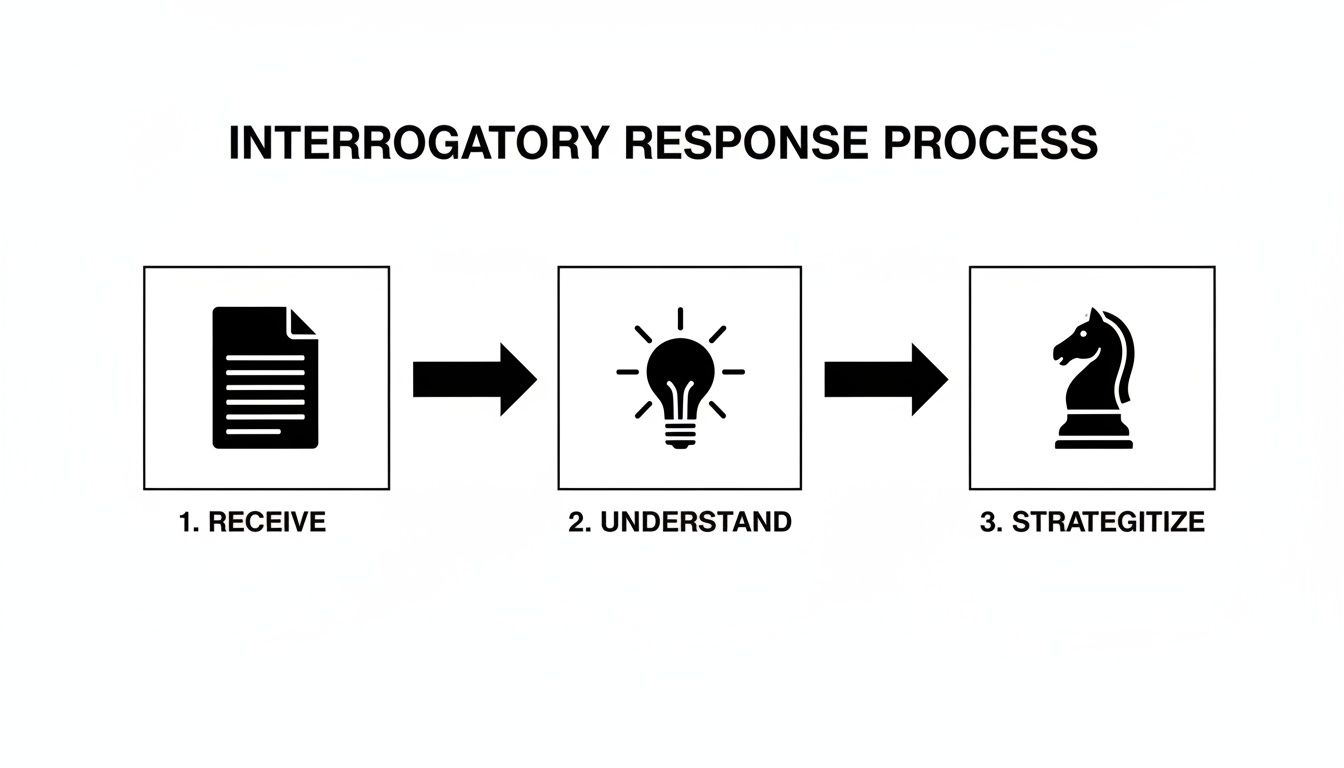 Flowchart illustrating the interrogatory response process: receive, understand, and strategize, with corresponding icons.