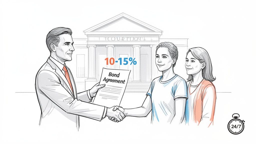 A professional man in a suit shakes hands with a younger man, holding a bond agreement near a courthouse, with '10-15%' displayed.