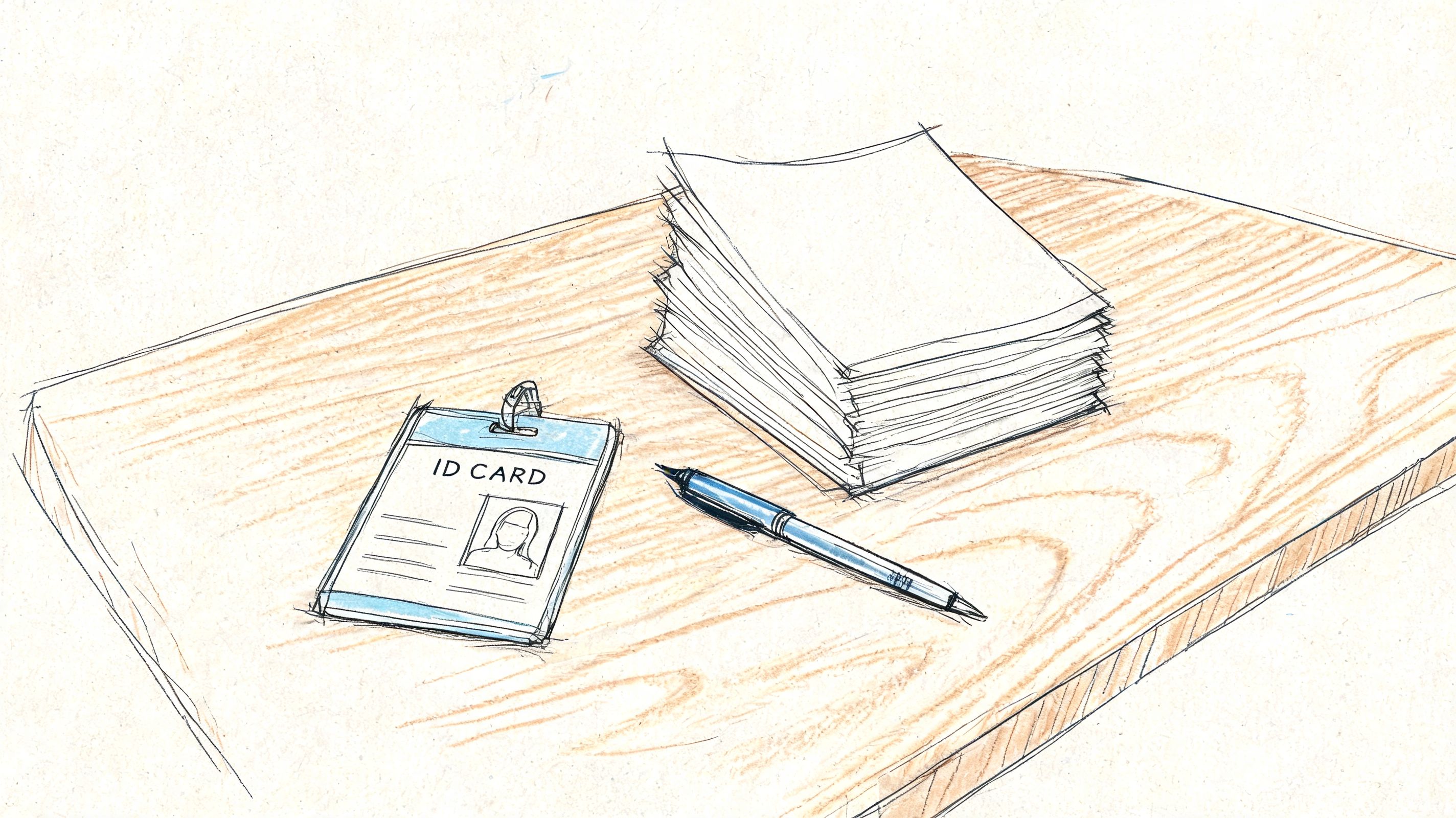 A hand-drawn illustration of an ID card, a stack of blank papers, and a pen on a table.