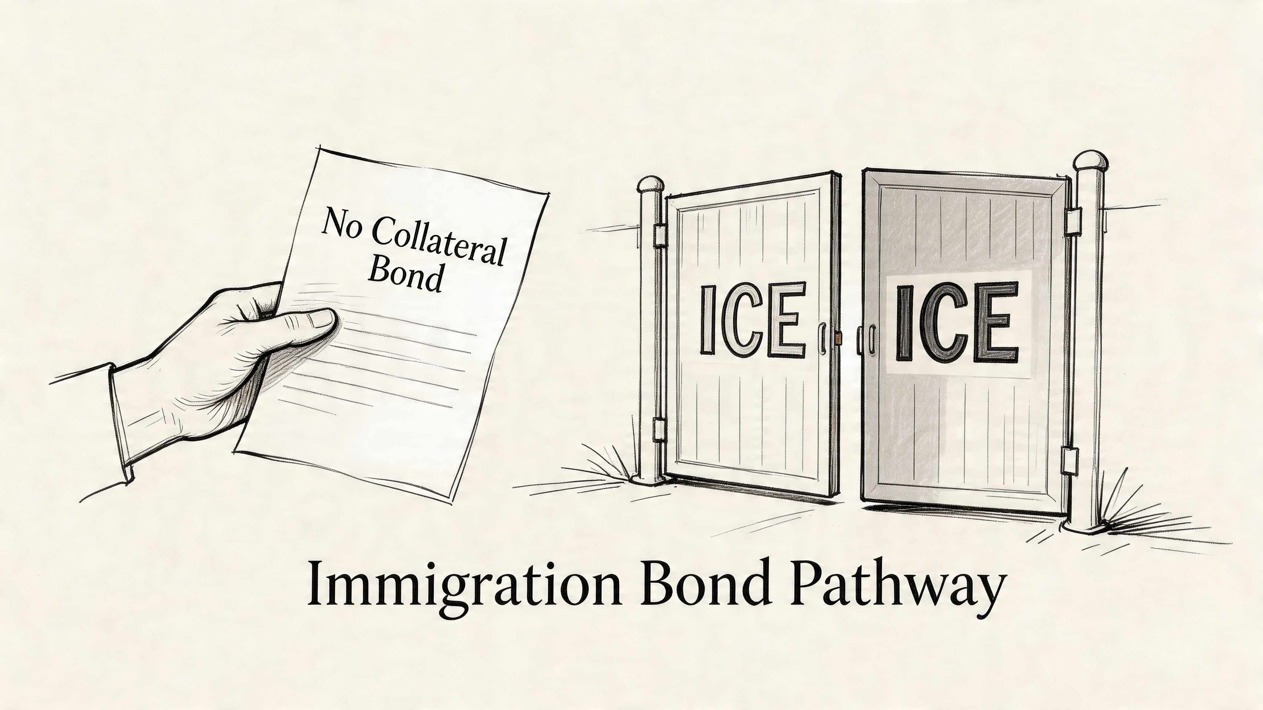 A conceptual illustration showing a hand holding a No Collateral Bond document before two ICE gates.