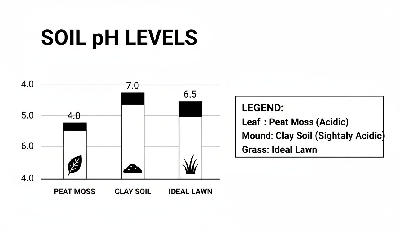 Bar chart comparing soil pH levels for Peat Moss (4.0), Clay Soil (7.0), and Ideal Lawn (6.5).