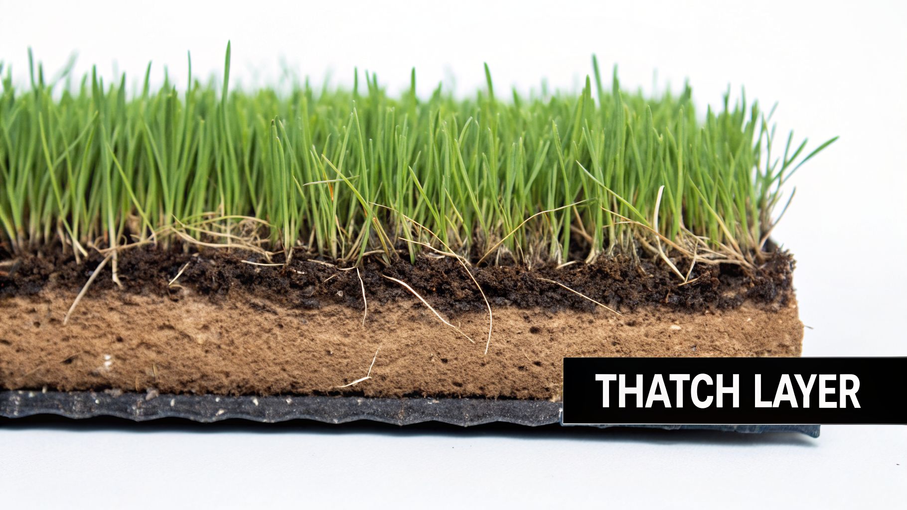 A detailed cross-section of a lawn displaying green grass, rich soil, and a prominent brown thatch layer.
