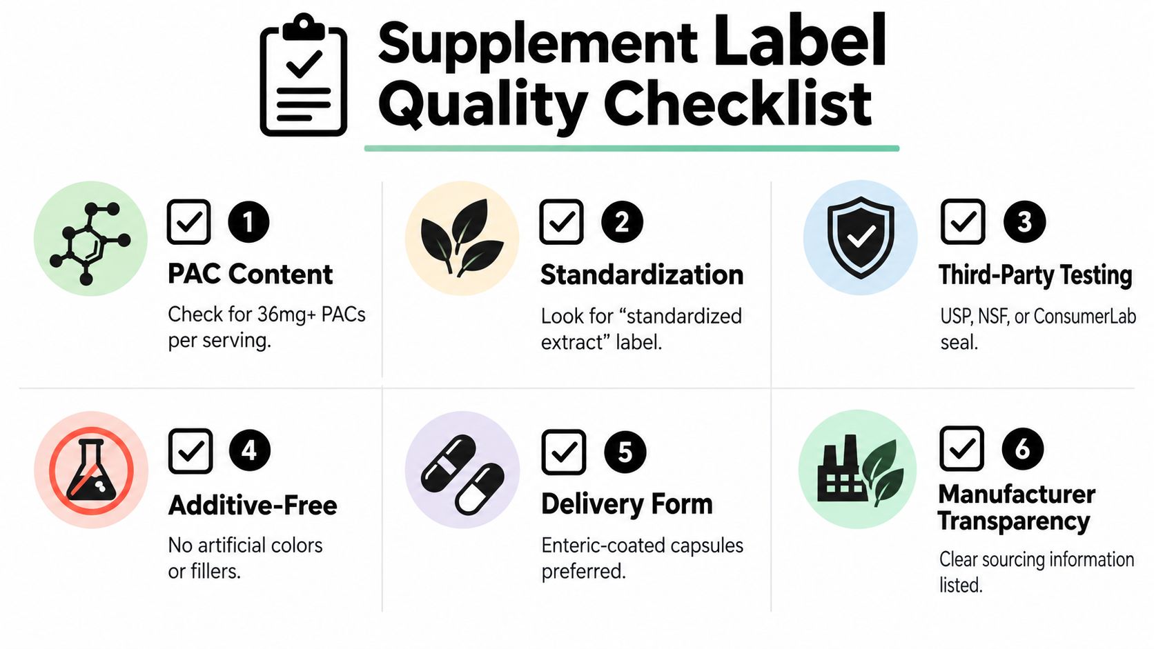 A quality checklist infographic for evaluating the safety and efficacy of cranberry supplement labels.
