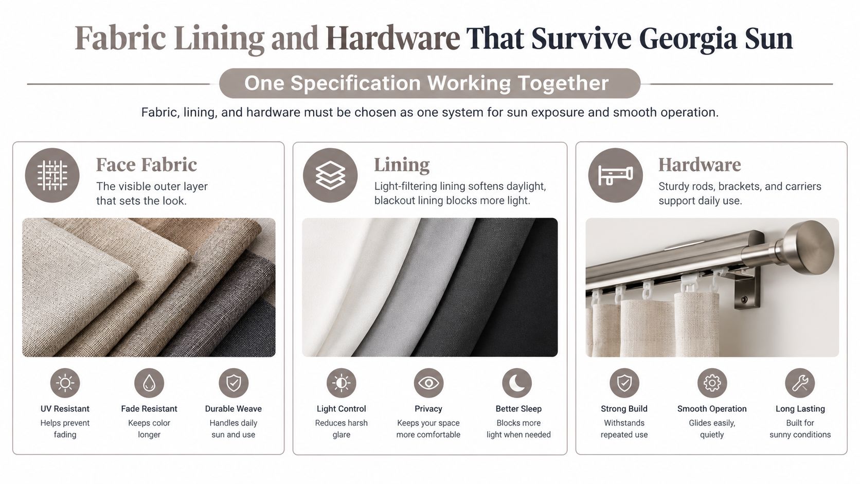 A diagram explaining durable window treatments components including face fabric, lining, and sturdy hardware for sun exposure.
