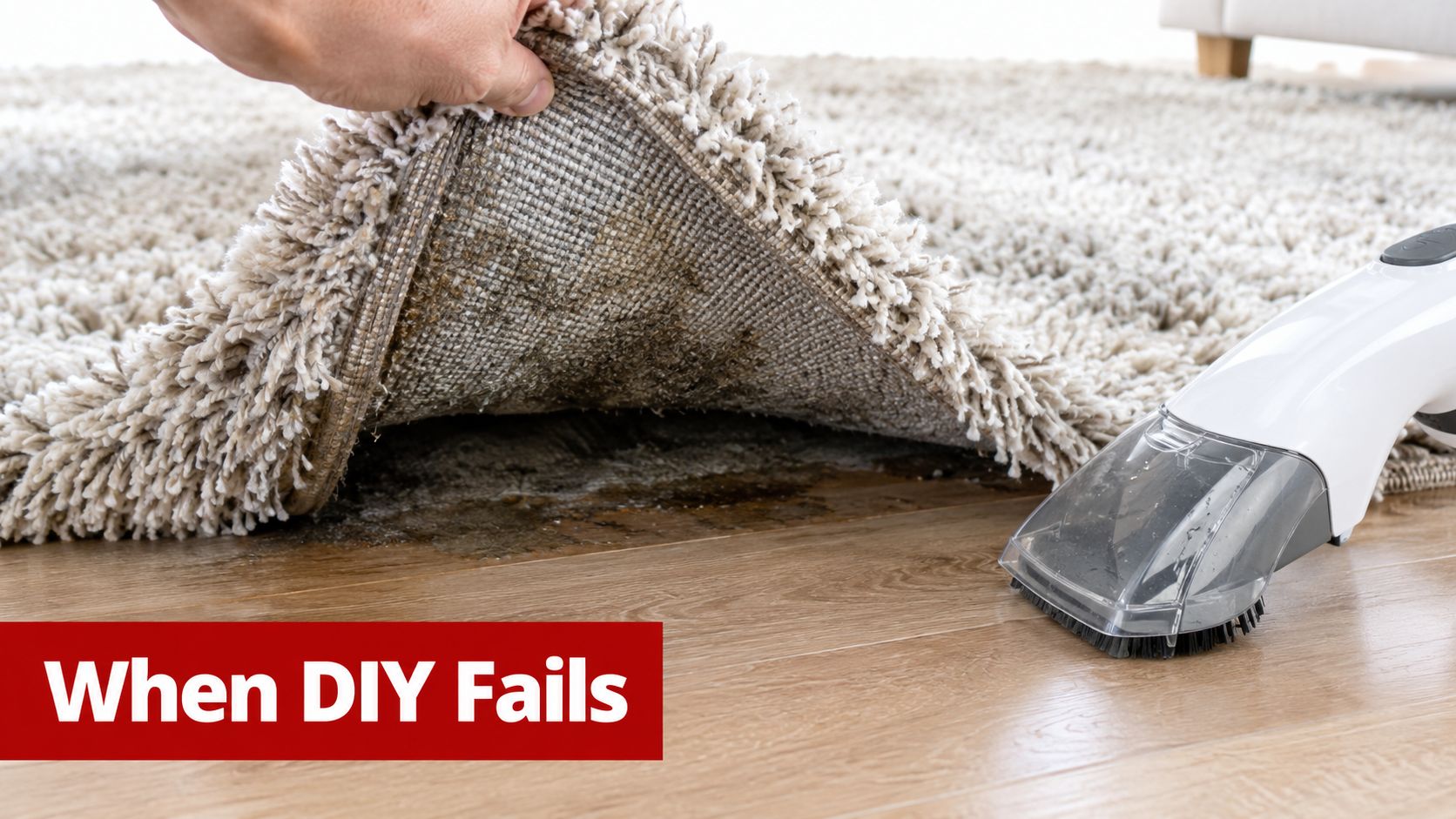 A hand lifts a corner of a dirty shag rug, revealing a dark, stained floor underneath.