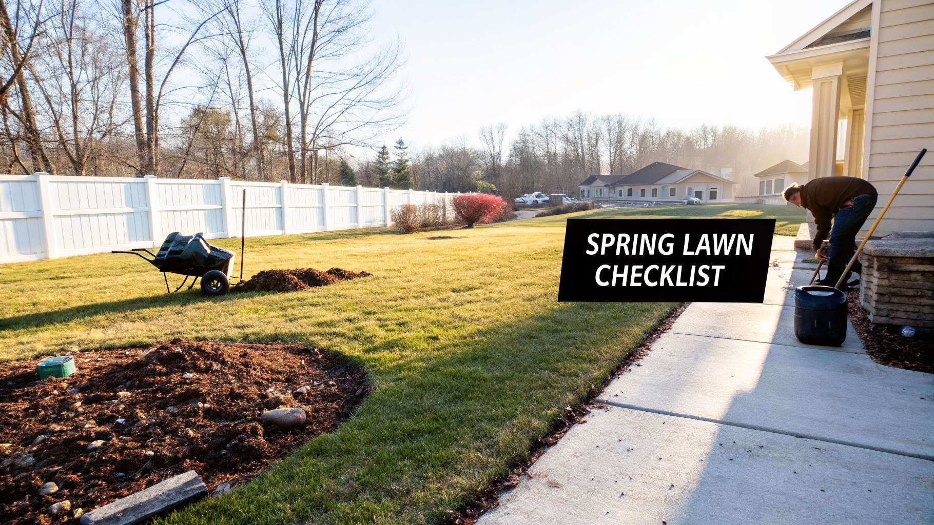 A person works on a grassy lawn with a wheelbarrow and piles of dirt, preparing the yard for spring.