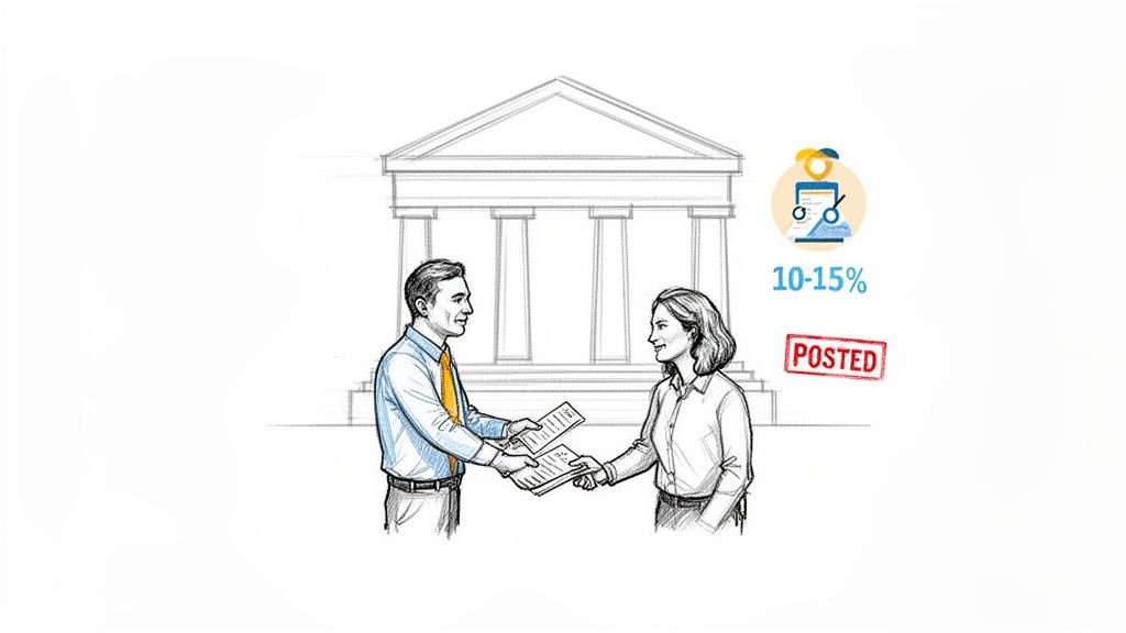 Two individuals exchange documents in front of a courthouse, with '10-15%' and 'POSTED' icons.