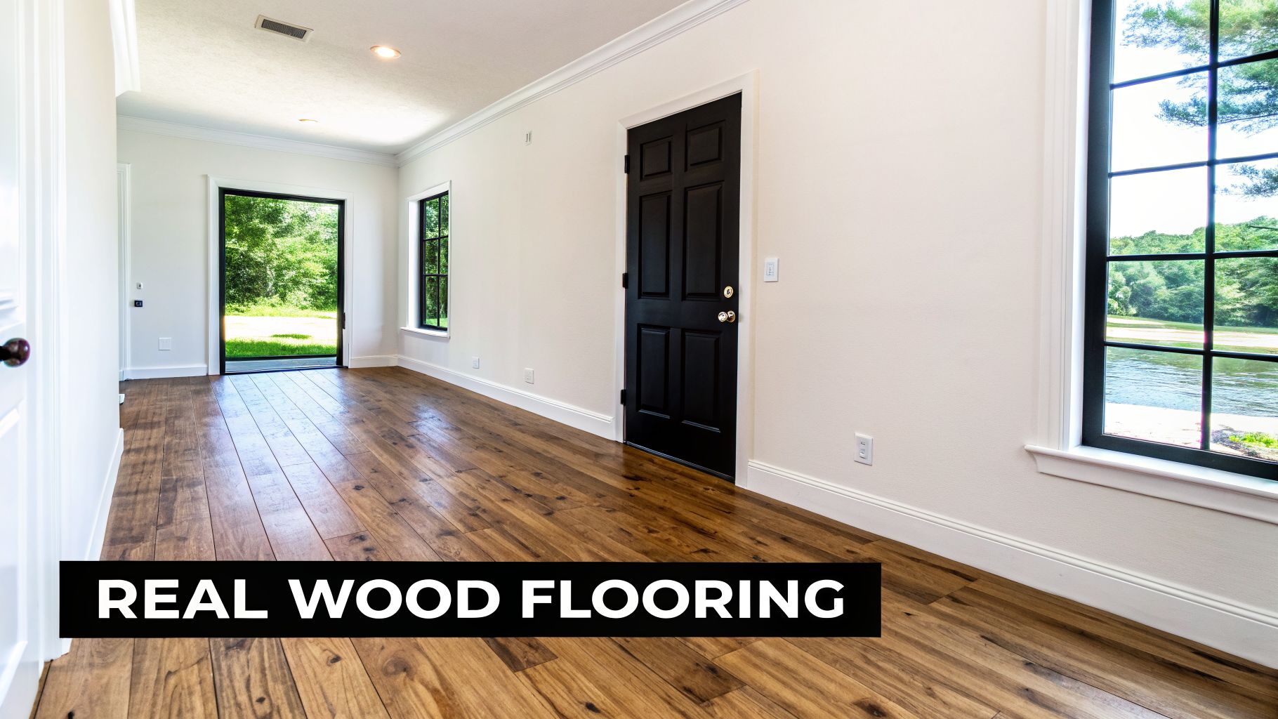 An empty room features warm real wood flooring, white walls, and dark-framed windows overlooking lush greenery and a river.