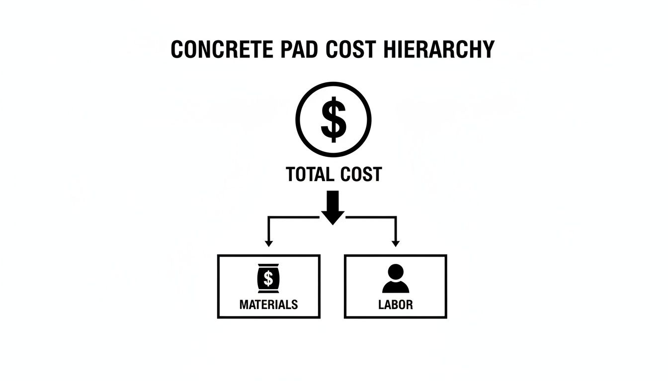 A diagram illustrating the concrete pad cost hierarchy, breaking down the total cost into materials and labor.