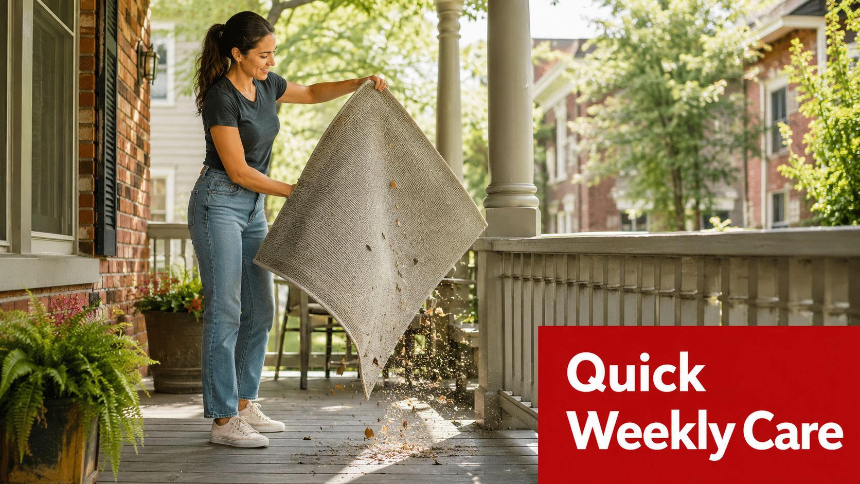 A woman stands on a front porch shaking dirt and debris off a grey outdoor rug.