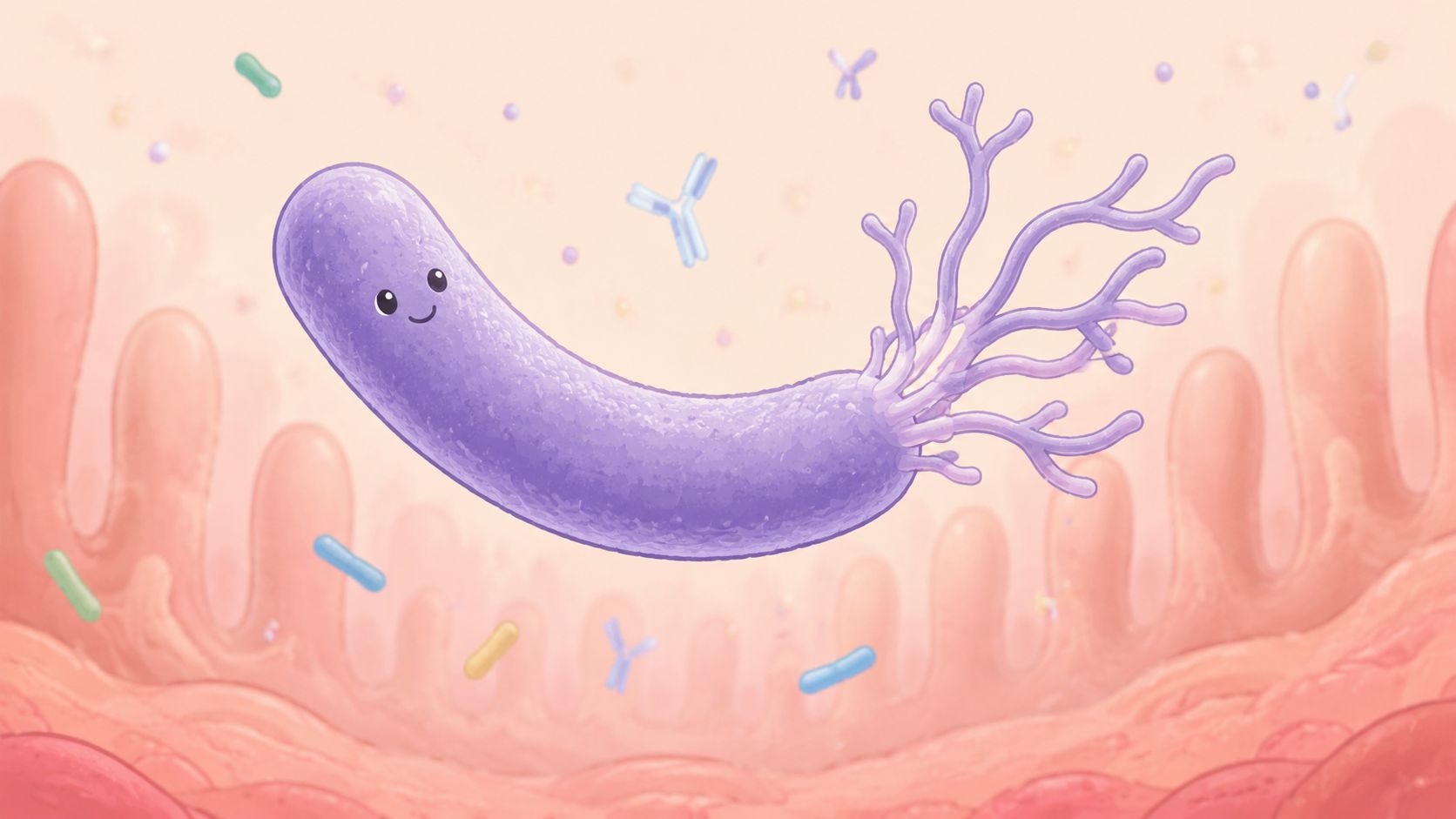 A friendly purple bacterium illustration floating in a human intestinal environment surrounded by immune cells and antibodies.