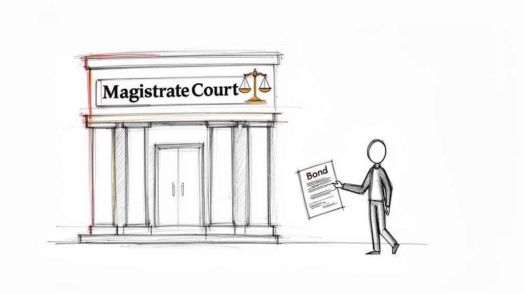 A stick figure holding a bond document approaches a Magistrate Court building with scales of justice.