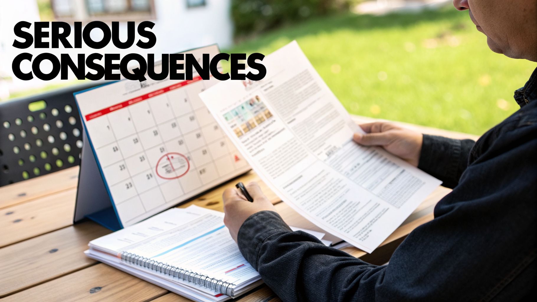 A man reading important documents next to a calendar with a circled deadline, indicating serious consequences.