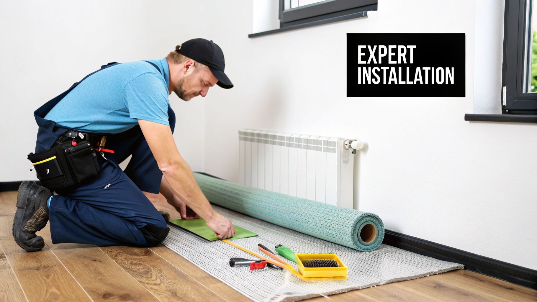 Professional installer working on new flooring on a wooden floor, with tools and a rolled carpet underlay.