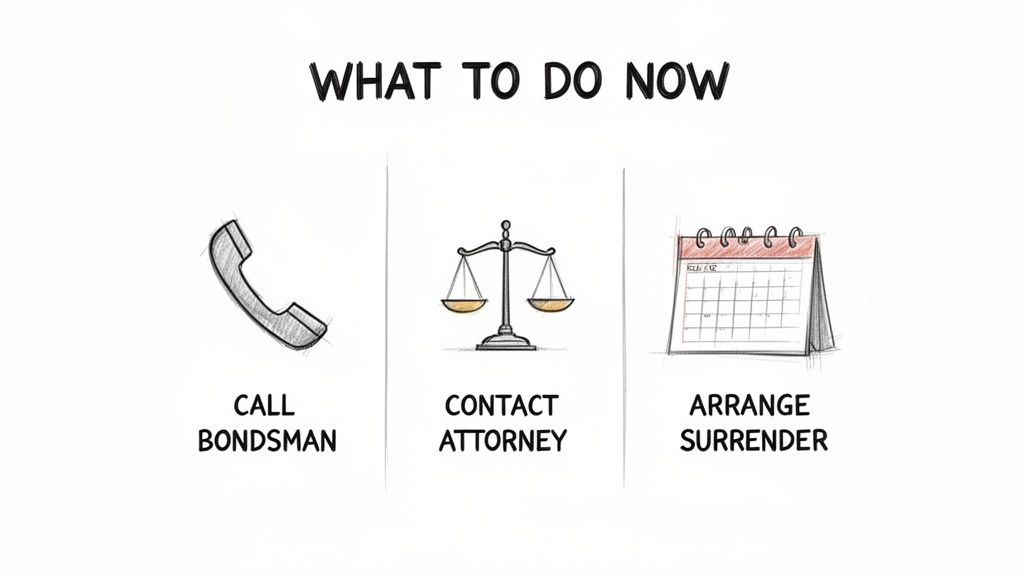 A guide illustrating three steps: call bondsman, contact attorney, and arrange surrender, with icons.