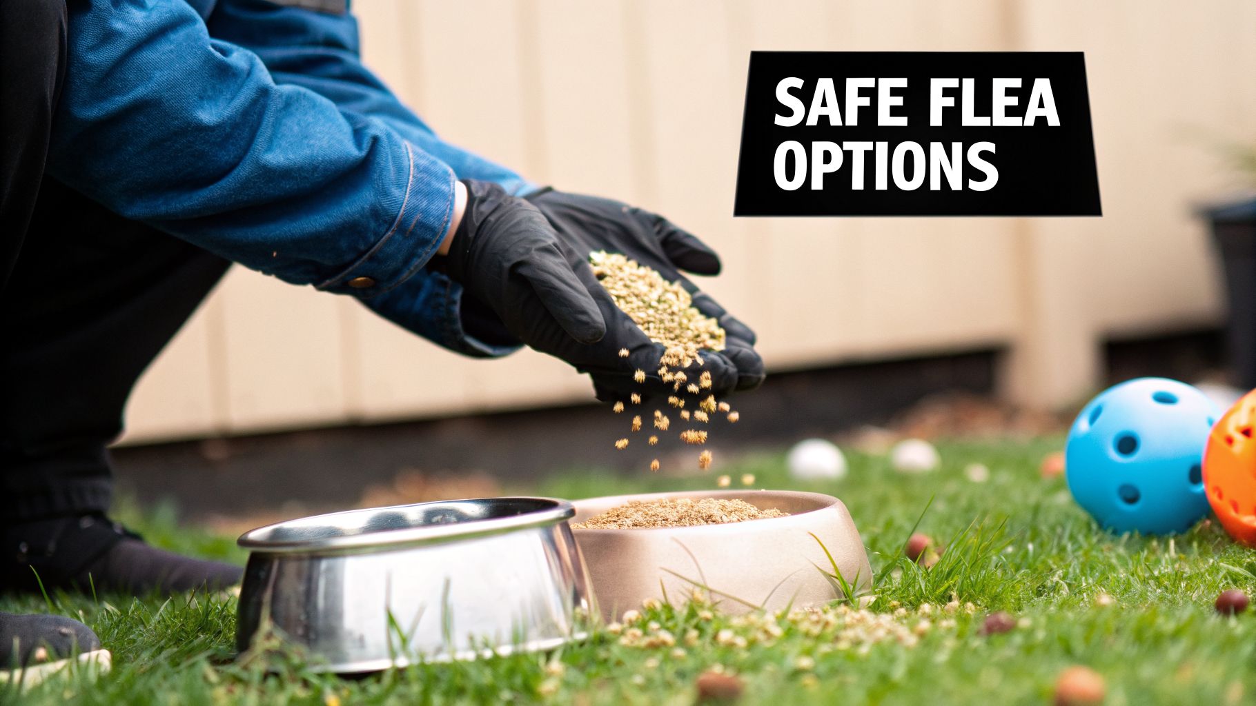 A person in gloves pouring granular flea treatment into pet bowls on green grass, 'SAFE FLEA OPTIONS' text.