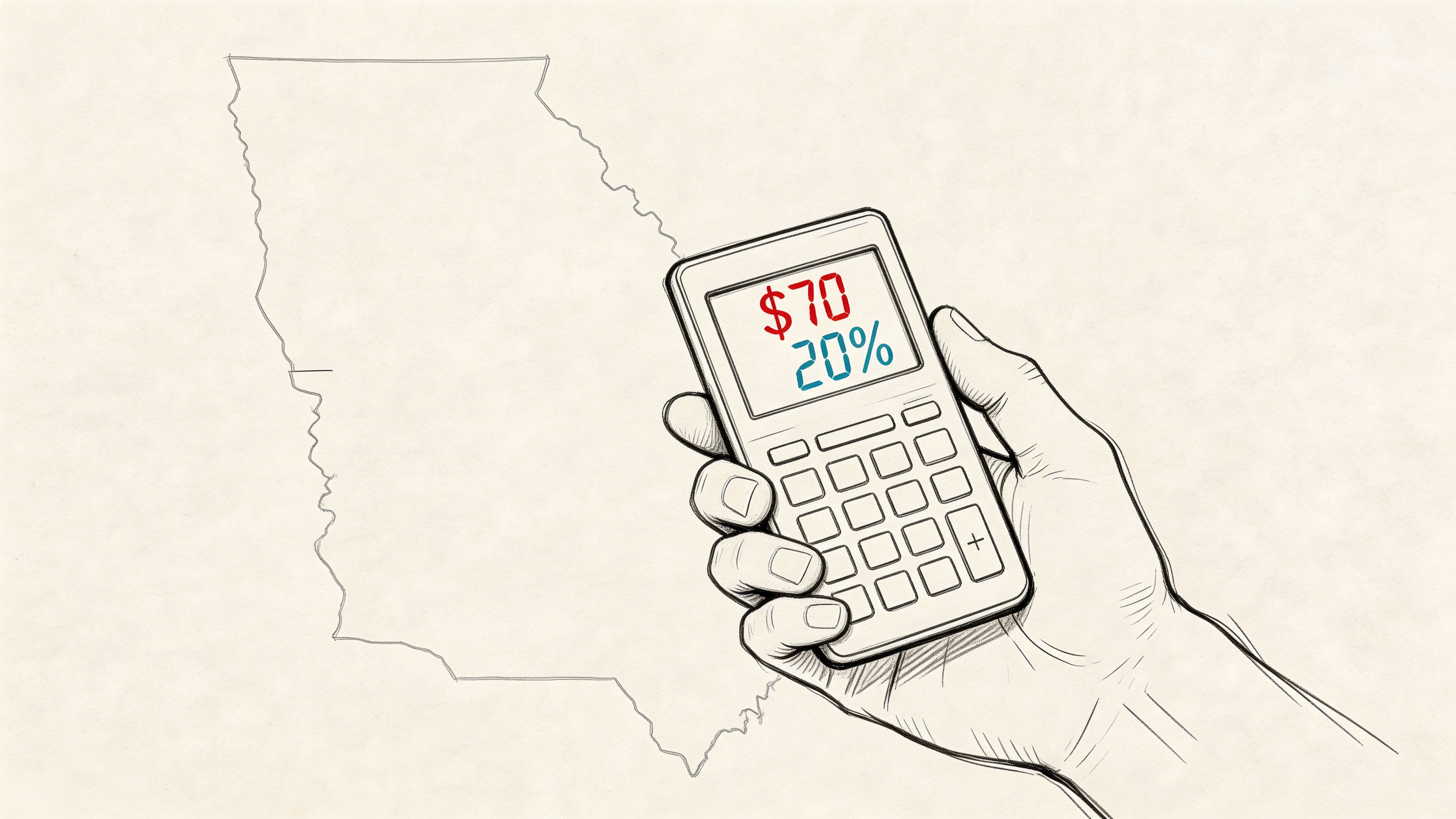A hand holding a calculator showing a seventy dollar cost and a twenty percent calculation.