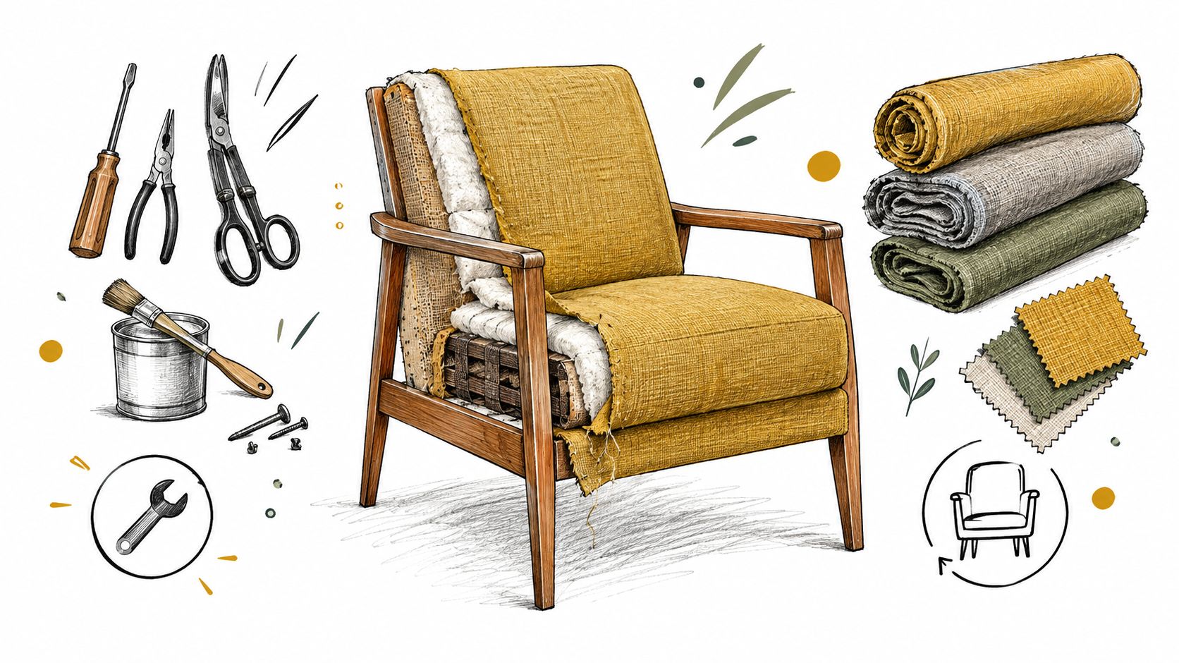 A conceptual illustration featuring a mid-century armchair undergoing upholstery restoration with tools, fabric rolls, and swatches.