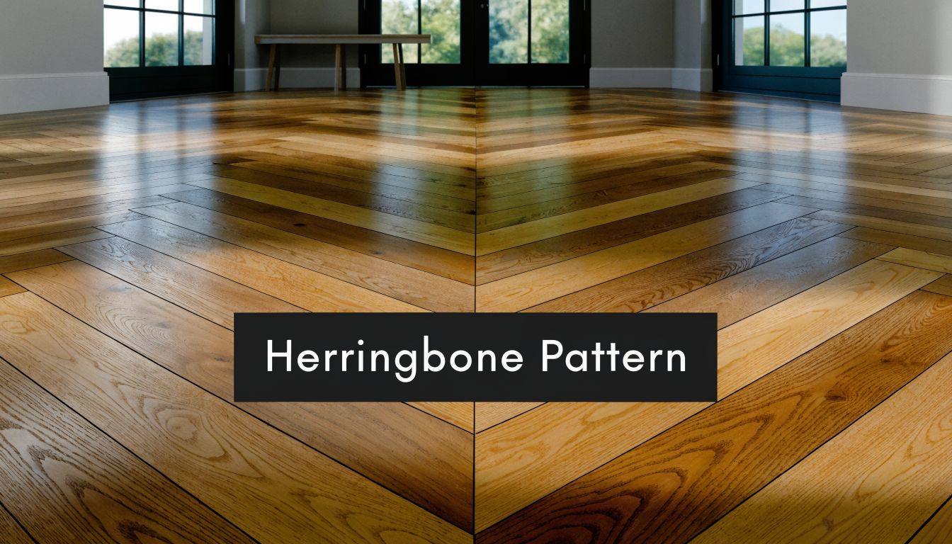 A close-up view of beautiful natural wooden flooring installed in a stylish herringbone pattern inside a room.