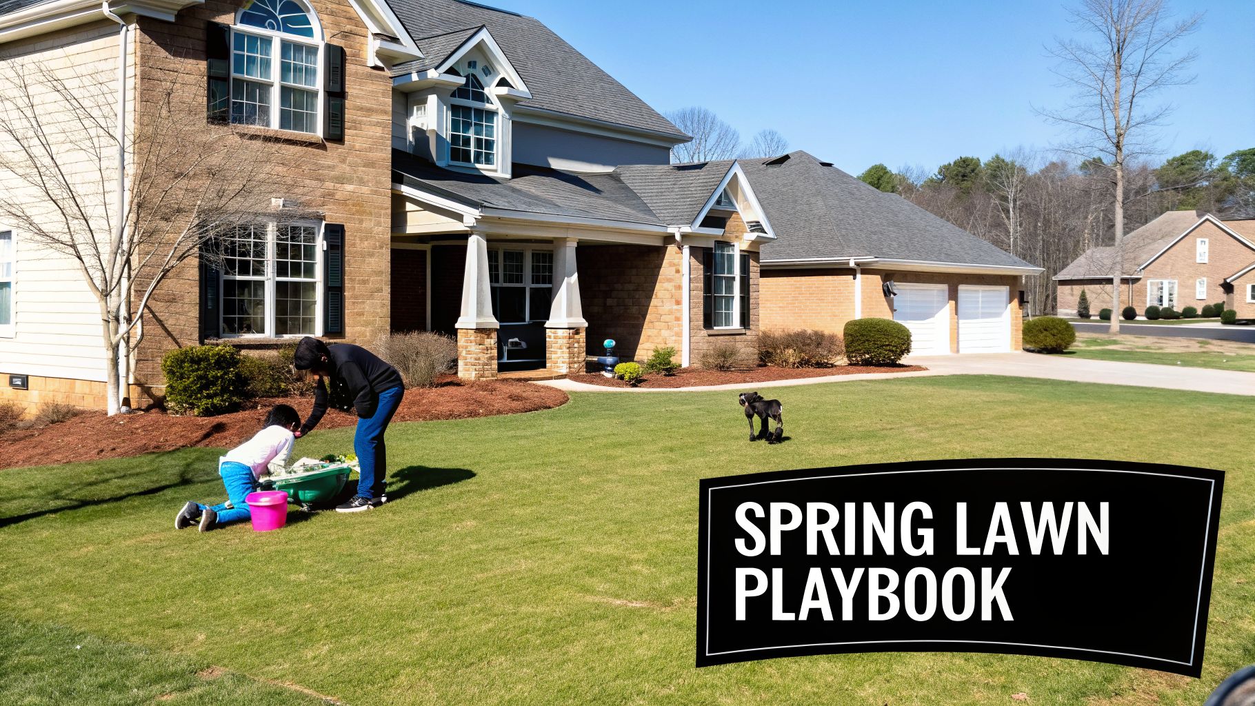 An adult and child fertilize the lush green lawn of a suburban house on a sunny spring day.
