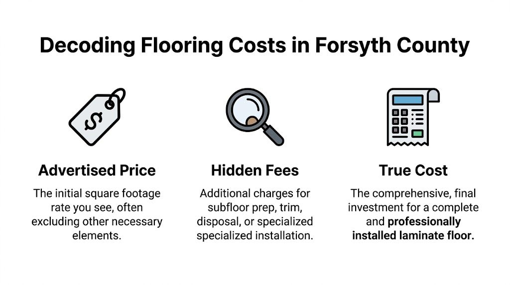 A helpful graphic explaining how to decode laminate flooring costs including advertised prices, hidden fees, and total investment.