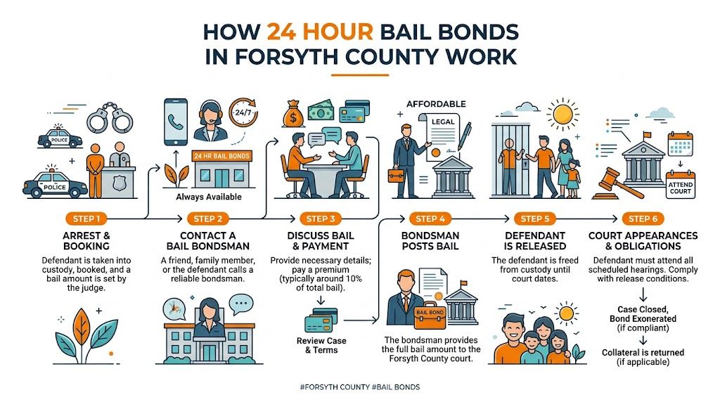 An infographic detailing the six-step process for obtaining 24-hour bail bonds in Forsyth County.