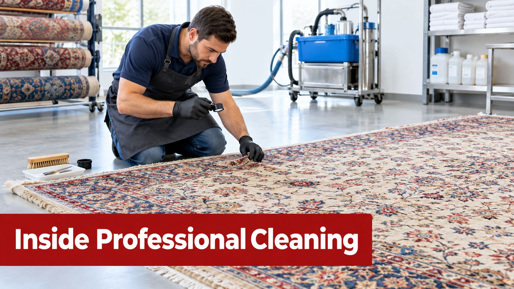A professional rug cleaner carefully inspects the edge of a detailed patterned Asian rug with a magnifying glass.