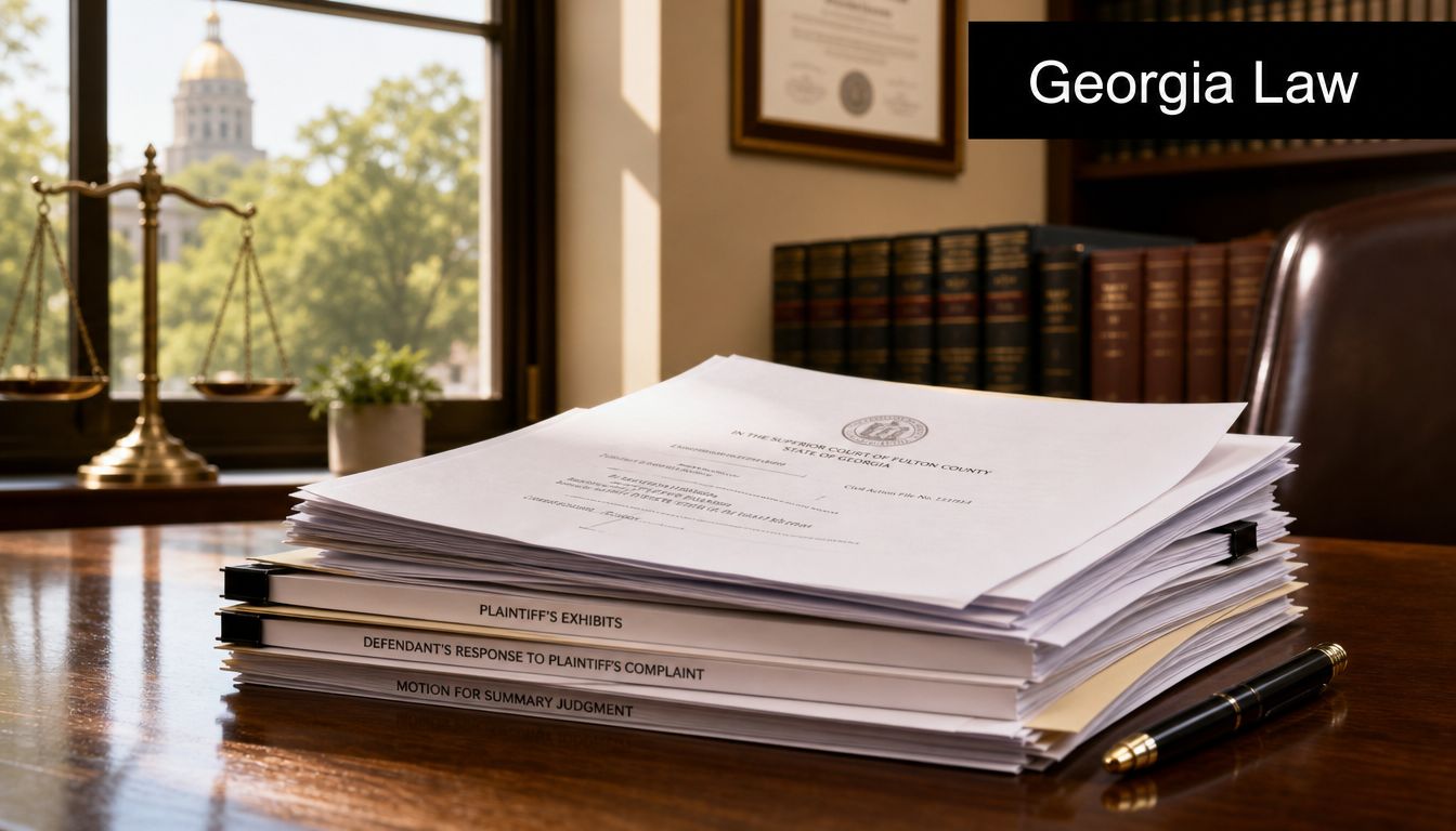 A stack of legal documents labeled with court motions and exhibits sits on an office desk.