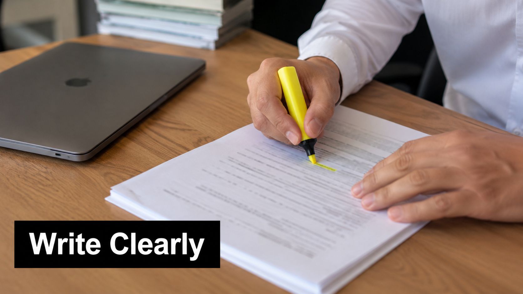 A professional person highlighting important text on a printed legal contract at a desk with a laptop.