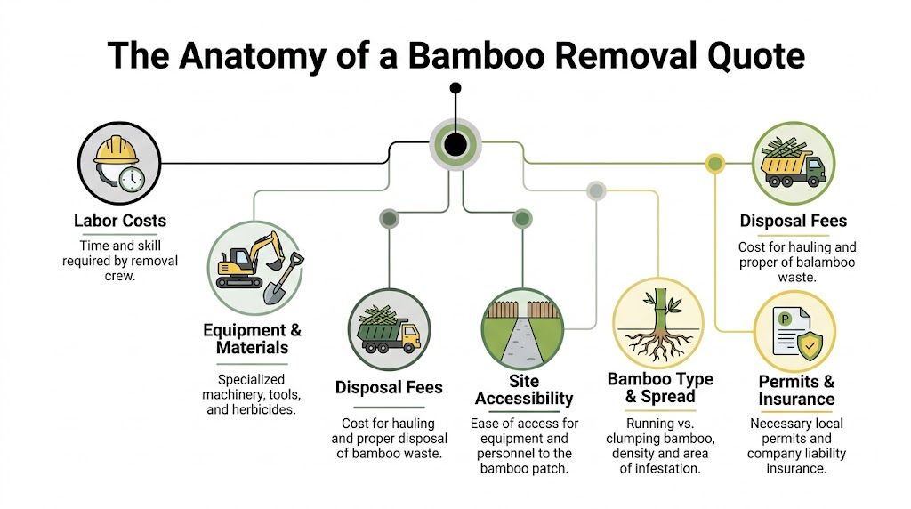 A diagram illustrating the key factors that influence the total cost of professional bamboo removal services.