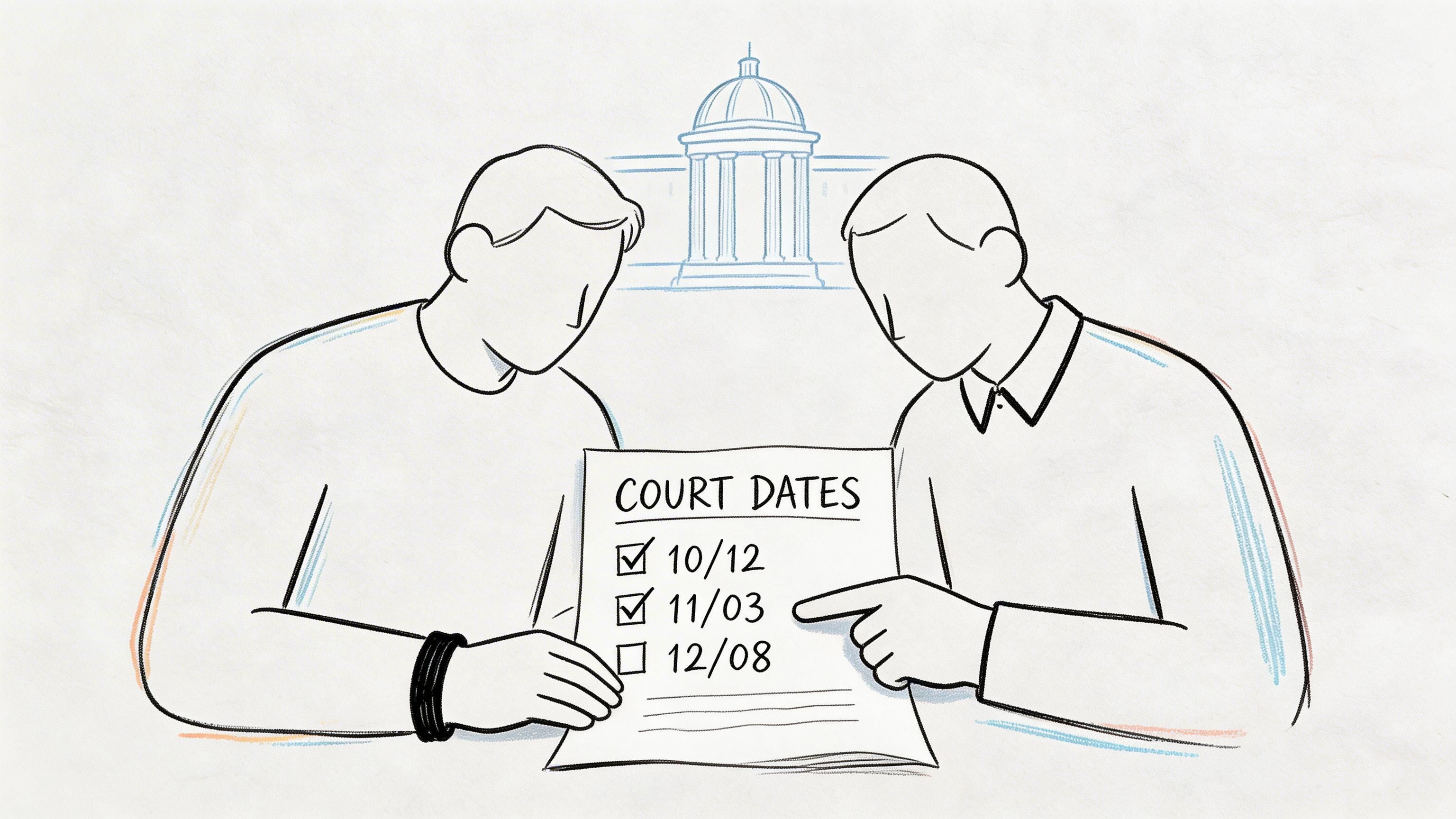 Two men looking at a document showing a list of court dates with checkboxes.