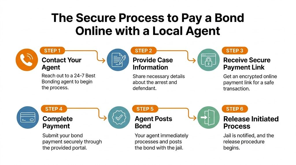 A six-step infographic explaining the secure online process for paying a bond with a local agent.