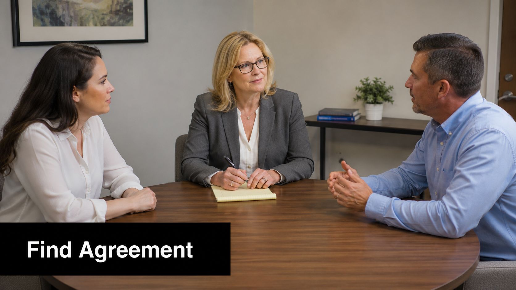 A professional mediator facilitating a collaborative discussion with a couple during a legal consultation session.