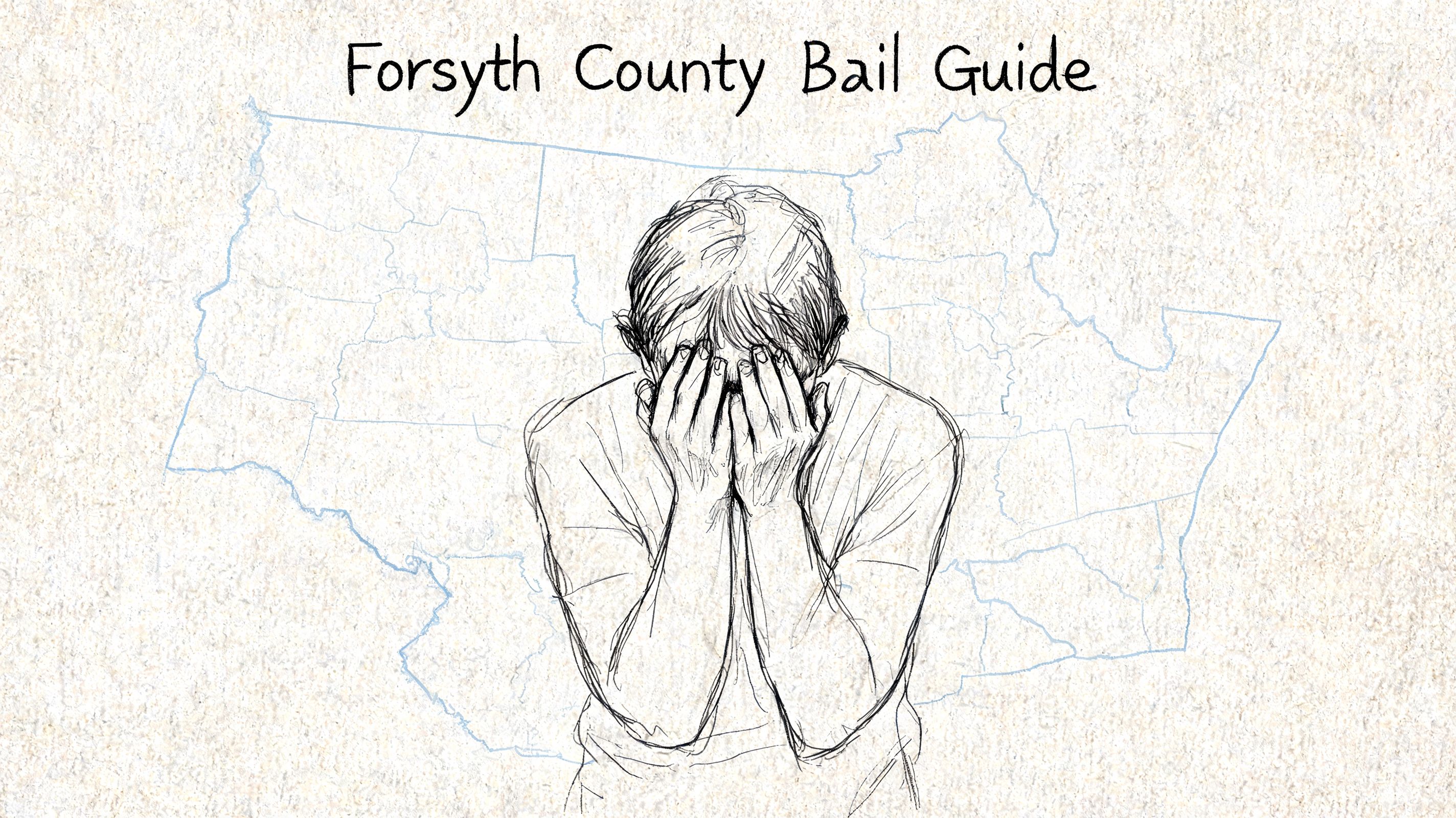A pencil sketch of a person with their head in their hands over a map outline.