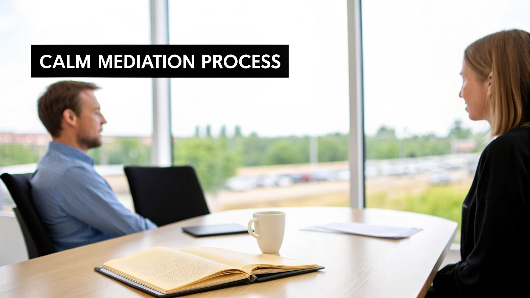Two individuals sit at a table in a modern office, engaged in a calm mediation process.