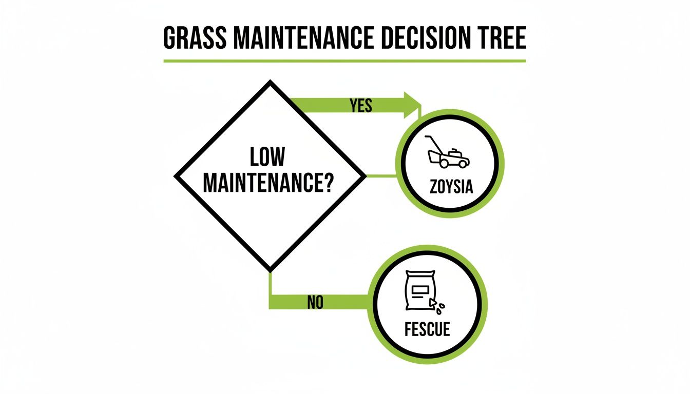A grass maintenance decision tree comparing Zoysia and Fescue based on low maintenance preference.