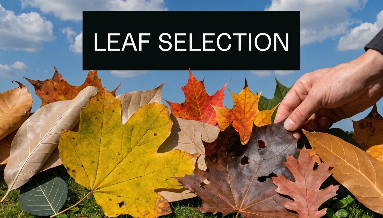 A hand selecting a dark autumn leaf from a vibrant pile of fallen maple leaves on grass.